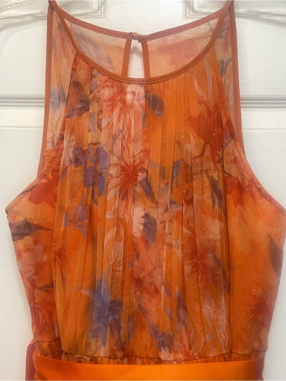 Sleeveless Orange Floral Pleated Mesh Maxi Dress